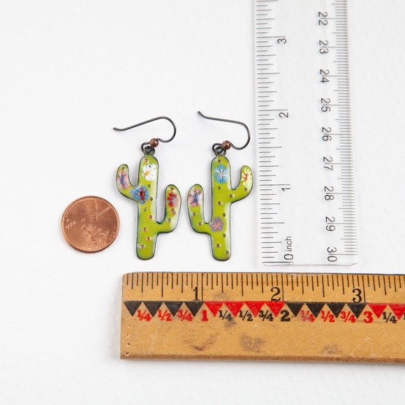 Handmade Copper Enamel Cactus Earrings Hand Crafted Artisan Vitreous Enamel - Picture 2 of 9